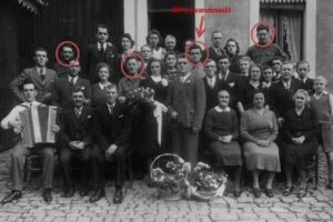 Mr and Mrs Dudzinski-Weber on their November 1944 wedding day with local guest among whom are four GIs, including Bill Lewandowski. 