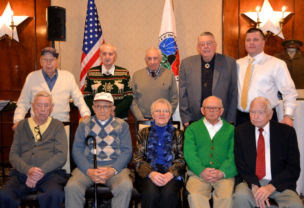 (back row, l-r)  Robert Mosall 75th ID, 289th IR, Co C; Edward Graffeo 731st FABn; Thomas Gatta 35th ID, 134th IR, Co E; Allan Atwell 28th ID, 28th MP Platoon; Matthew Swedick, President (Grandfather was KIA 12-17-44 2nd ID, 23rd IR, Co K)   (front row, l-r) John Monahan 731st FABn; Mario Checca 106th ID, 422 IR, Co F; Lillian Yonally WASP/Airforce; Richard Pearce 87th ID;  Coolidge Copeland 87th ID 